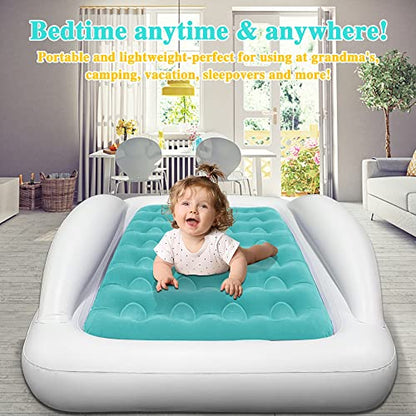 Inflatable Kids Travel Bed Toddler Air Mattress Set,Portable Blow Up Mattress Sleeping Bed Cot with Bed Rails and Electric Pump Ideal for Road Trip - color: Green