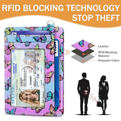 Yonlevres Credit Card Holder Slim Wallet, Butterfly RFID Wallet Women Front Pocket Small Card Holder, Travel Cute Funny Thin Card Case ID Window PU Leather RFID Blocking Card Organizer Gifts Girls - color: Butterfly