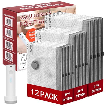 Rechargeable Wireless Pump Travel Storage Bags Set, 12 Combo (4S/4M/4L) Portable Space Saver Bags for Travel & Home, Vacuum Compression Packing Seal for Clothes, Blankets, Home Seasonal Storage - size: 12 Combo (4S/4M/4L)