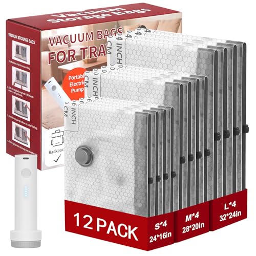 Rechargeable Wireless Pump Travel Storage Bags Set, 12 Combo (4S/4M/4L) Portable Space Saver Bags for Travel & Home, Vacuum Compression Packing Seal for Clothes, Blankets, Home Seasonal Storage - size: 12 Combo (4S/4M/4L)