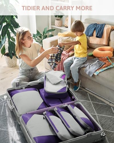Meowoo 7 Set Compression Packing Cubes for Travel, Durable Ripstop Mesh Suitcase Organizer with Shoe Bag, Ultralight & Expandable Space Saver Travel Cubes - color: Purple