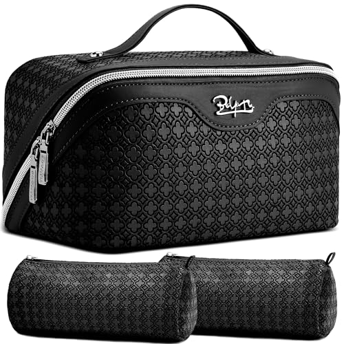 BOYATU Travel Makeup Bag for Women: Four Leaf Clover Large Capacity 3 Pcs Set Cosmetic Bags - Waterproof 50% Extra Space for Toiletry Organizer - Travel Essentials for Fortunate (06 Black) - color: 06 Black