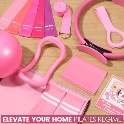 Pilates Kit for Women 13PCS, Pilates Ring and Ball Set with Magic Circle, Resistance Bands Set, Figure 8 Band, Yoga Ring & Grip Socks, Home Workout Equipment Essentials Starter Kit for Beginners - color: Pink