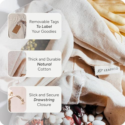 LEAFICO Multipurpose Eco Cloth Bags - Large 10x12 Inch (12 Pack) - Cotton Produce Storage Sacks - Muslin Drawstring Pouches for Vegetables - Bread Bags - Fabric Sachets - size: Large 10x12"