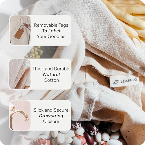 LEAFICO Muslin Cloth Bags with Drawstrings - Set of 8 (S, M, L, XL) - Reusable Natural Cotton Bags for Bulk Food Storage - Canvas Fabric Sachets - size: Set of 8 Mixed (S,M,L,XL)