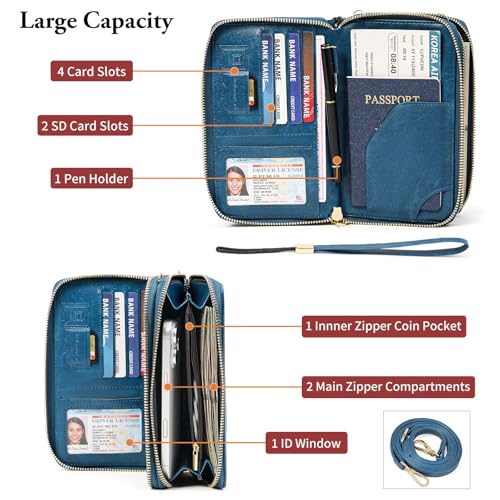 GOIACII Passport Wallet Travel Crossbody Bags for Women Wristlet Phone Purse Double Zip Vegan Leather Blue - color: A03 Blue