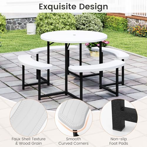 Tangkula 8 Person Picnic Table, HDPE Outdoor Round Table and Bench Set with 4 Built-in Benches, Umbrella Hole, Metal Frame for Garden Yard Patio Lawn - color: White