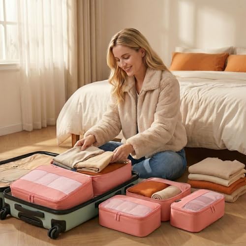 4 Piece Compression Packing Cubes for 3–7 Day Travel, Space Saving Travel Organizers with Breathable Mesh, Double-Zipper Packing Cubes for Carry-On & Suitcases (Blush) - color: Blush