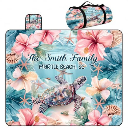 Personalized Waterproof Sandproof Beach Blanket 80''x80'', 3-Layer Foldable Picnic Blanket with Carry Strap, Camping Travel Outdoor Mat for Beach Park Hiking (Hibicus Sea Turle) - color: Hibicus Sea Turle