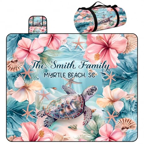Personalized Waterproof Sandproof Beach Blanket 80''x80'', 3-Layer Foldable Picnic Blanket with Carry Strap, Camping Travel Outdoor Mat for Beach Park Hiking (Hibicus Sea Turle) - color: Hibicus Sea Turle