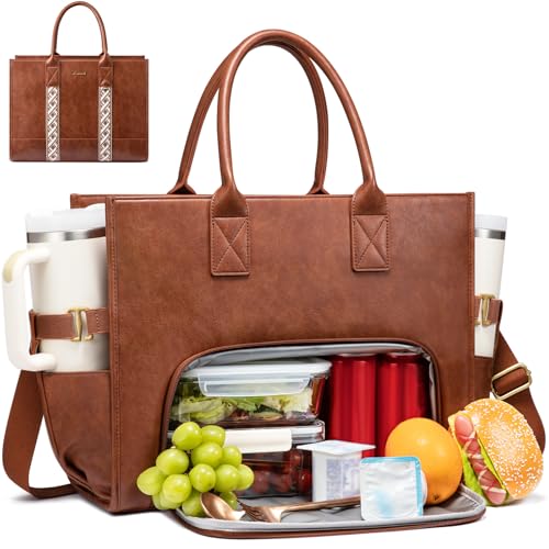 LOVEVOOK Work Tote Bag with Lunch Compartment with Giant Tumbler Holder,15.6 Inch Waterproof 3 in 1 Lunch Bag Women Men Laptop Bag Purse Tote with Padded Sleeve for Teacher,Nurse,College,Travel,Office - color: Red chestnut brown, size: 15.6 inch