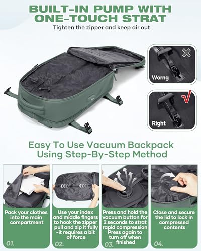 Vacuum Seal Travel Backpack Built-in Pump,Air Compression System Vacuum Vacpack Backpack Travel Bag for Women Men Carry On Suitcase Luggage Laptop Airlines Approved Daypack Space Saver Bags Dark Green - color: A3-dark Green