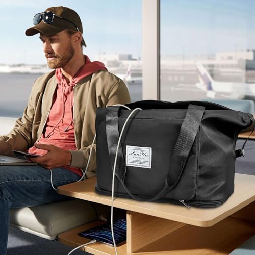Ranslen Large Capacity Folding Travel Bag,Expansion Travel Duffel Bag with Dry and Wet Separation Portable Travel Duffel Bag - color: Black