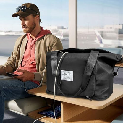 Ranslen Large Capacity Folding Travel Bag,Expansion Travel Duffel Bag with Dry and Wet Separation Portable Travel Duffel Bag - color: Black