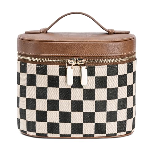 honitty Makeup Bag, Checkered Make up Case with Compartments and Handle, Portable Cosmetic Organizer Bags,Toiletry Bag for Women - color: Cotton-Linen Plaid(7.6*5.5*6 in), size: M(7.6*5.5*6 in)
