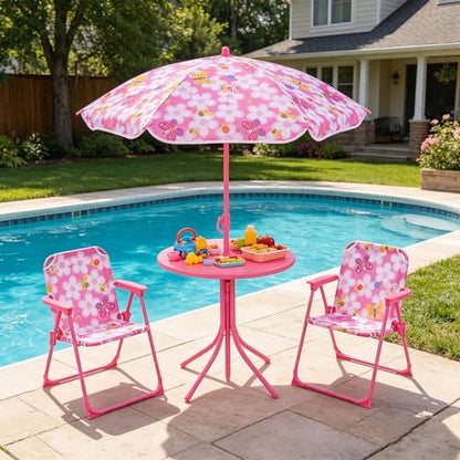 HONEY JOY Kids Picnic Table, Animal Themed Toddler Outdoor Table and Chair Set, 2 Folding Chairs & Removable Umbrella, Children Outdoor Furniture for Backyard Patio Garden (Pink Bee) - color: Pink Bee