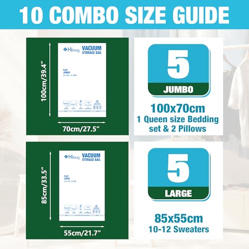 HIBAG Vacuum Storage Bags, 10 Space Saver Bags, Polyethylene (PE), Jumbo & Large Sizes, Zipper Closure, Vacuum Sealed, Ideal for Clothing & Bedding - size: 5 Jumbo 5 Large