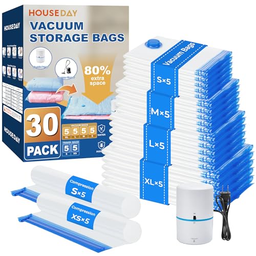 HOUSE DAY 30 Pack Vacuum Storage Bags with Electric Pump, 4 Sizes + 2 Roll-Up (5 Each), Space Saver Vacuum Seal Bags for Clothing, Bedding, Pillows, Travel – Airtight Seal, Reusable & Durable - size: 30 Combo-E PUMP