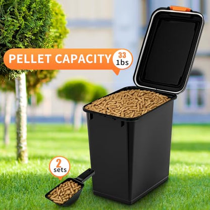 Maxdot 2 Sets 33lb Dry Pellet Storage Bin Pack with Scoops and Labels Grill Accessories Wood Pellet Storage Containers with Flavor Stickers Airtight for Grill Pellets - size: 30 L