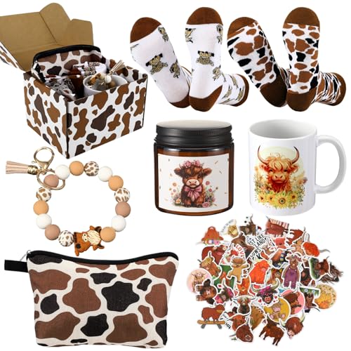 Honeydak Highland Cow Gifts Set for Women Highland Cow Stuff Themed Gifts Include Box Makeup Bag Socks Keychain Mug Stickers Scented Candle for Lover Birthday - style: Highland Cow
