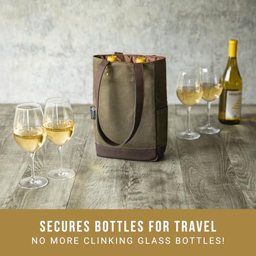 PICNIC TIME 2 and 3 Bottle Insulated Wine Bag, Distressed Waxed Canvas Wine Tote, Durable Bottle Carrier Bag for Gifts and Travel with Side Pockets & Removable Divider (Khaki Green with Brown Accents) - style: 2 Bottle Insulated Wine Bag