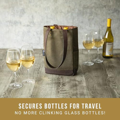 PICNIC TIME 2 and 3 Bottle Insulated Wine Bag, Distressed Waxed Canvas Wine Tote, Durable Bottle Carrier Bag for Gifts and Travel with Side Pockets & Removable Divider (Khaki Green with Brown Accents) - style: 2 Bottle Insulated Wine Bag