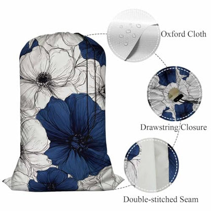 Swono Wild Flower Extra Large Huge Heavy Duty Polyester Laundry Storage Bag with Drawstring, Dark Navy Blue Floral Sketch Washable Travel Dirty Clothes Bag Hamper Liner - color: Wild Flower