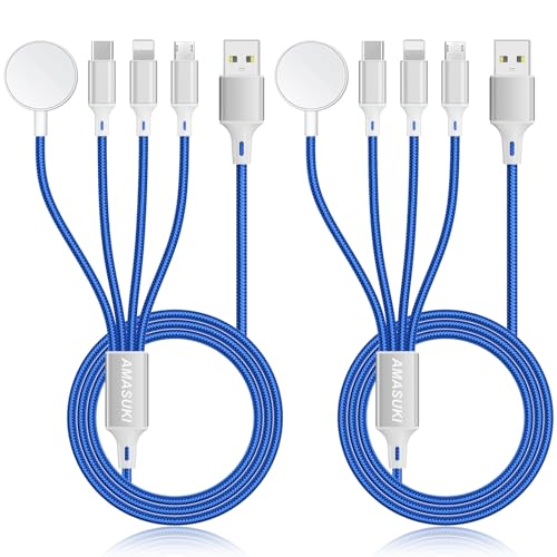 2Pack Multi Charging Cable for Apple Watch Charger 4 in 1 Travel Essentials RV Camping Essentials USB C/L/Micro Compatible with iWatch Series 11-1/iPhone 17/16/15/Android Airplane Gadgets-4FT/Blue - color: Blue, size: 4FT+4FT