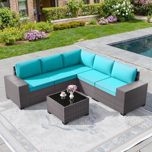 6 PCS Outdoor Patio Furniture Set,Outdoor Sectional Furniture All Weather PE Rattan Wicker Patio Conversation Set with Coffee Table and 5 Thickened Cushions,Turquoise Blue - color: Blue, size: 6 High Backrest Sofa