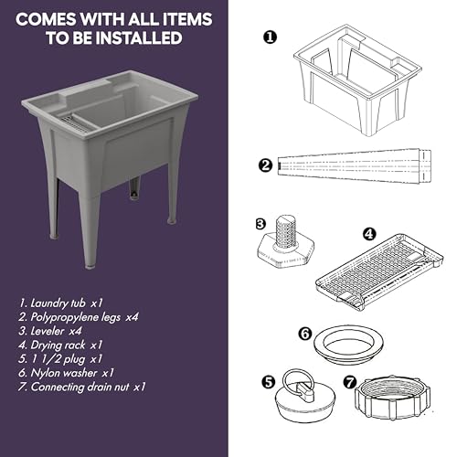 32” Utility Sinks for Laundry Room, Garage, Garden, Basement – Noah William Home Indoor and Outdoor Polypropylene Basement Wash Tub - No Faucet Included (Grey) - color: Gray, size: 32" - 25.6 gal