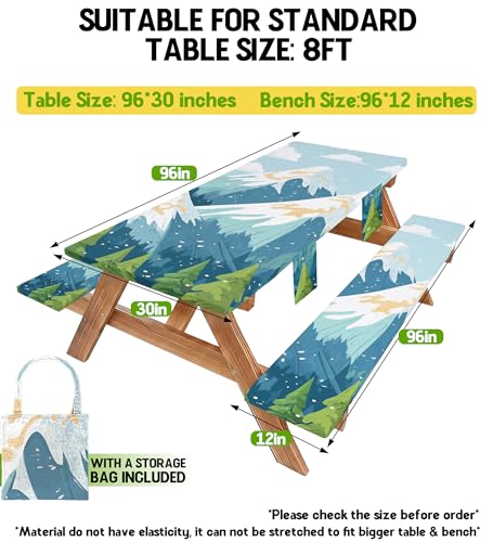 Picnic Table Cover with Bench Covers Waterproof Vinyl Elastic Rectangle Fitted Table Cloth Camping Lovers Essentials Rv Car Travel Overlanding Outdoor Roadtrip Road Trip Men Women Camper Gifts 8 Foot - color: Blue mountains, size: 96in