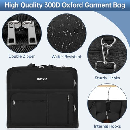 Garment Bags for Travel, 41'' Water-Resistant Carry On Garment Bag for Hanging Clothes, Large Suit Travel Bag Convertible Travel Garment Bag for Shirts, Dresses, Coats (Black)
