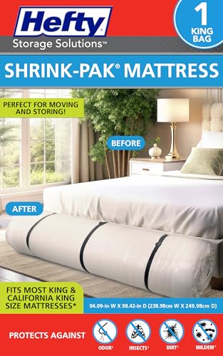 Hefty Shrink-Pak Mattress Bags for Moving - King/California King Size | Heavy Duty & Water Resistant Vacuum Compression Mattress Bag, Storage Protection Mattress Cover for Moving