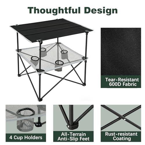 SUNNYFEEL Folding Camping Table- Collapsible Portable Beach Table with 4 Cup Holders & Carry Bags, Tailgate Table for Outdoor Excursion Picnic Hiking Fishing Travel Parties, Black