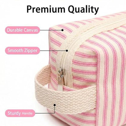 3 Pcs Canvas Makeup Bag Set Cosmetic Pouch for Women Travel Toiletry Bag Cute Makeup Organizer Purse Pouch Preppy Pencil Case with Zipper (Pink Pinstripes) - color: Pink Pinstripes
