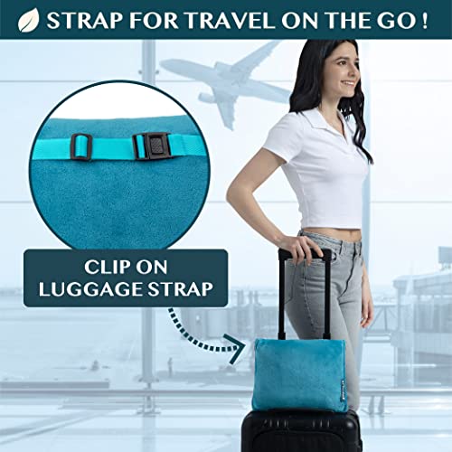 PAVILIA Travel Blanket Pillow, Soft Airplane Blanket 2-IN-1 Combo Set, Plane Blanket Compact Packable, Flight Essentials Car Pillow, Travelers Gifts Accessories Luggage Backpack Strap, 60x43 Teal Blue - color: Teal Blue