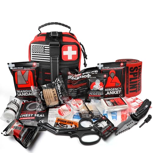 Survival First Aid Kit with Israeli Bandage, Chest Seal, Tourniquet, Splint, Tactical Military Combat Molle IFAK for Wound Care, Bleeding Control, Trauma Hemorrhage and More (Red) - color: Red