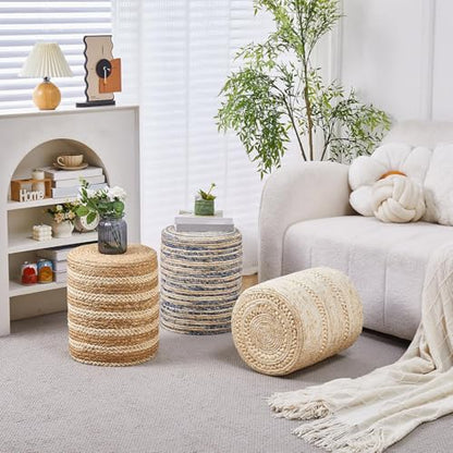 Wimarsbon Ottoman Natural Seagrass Foot Rest Stool Hand Weave Round Foot Stool Pouf Boho Vanity Stools with Non-Skid Mat for Living Room Bedroom Hallway - color: Mix White-1