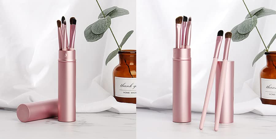 AKOAK 5 Pcs/set Travel Portable Mini Eye Makeup Brush Set Apply Eyeshadow Eyeliner Eyebrow Brush Lip Makeup Brush Set Makeup Tools (Pink) - color: Pink