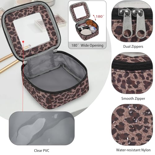 DOB SECHS Mini Leopard Makeup Bag for Purse 5.1'' x 5.1'' Small Makeup Bag for Car Cute Clear Cosmetic Bags with Zipper, Tiny Toiletry Bag Lipstick Organizer Pouch Case Travel Essentials Storage Pouch - color: Brown Leopard