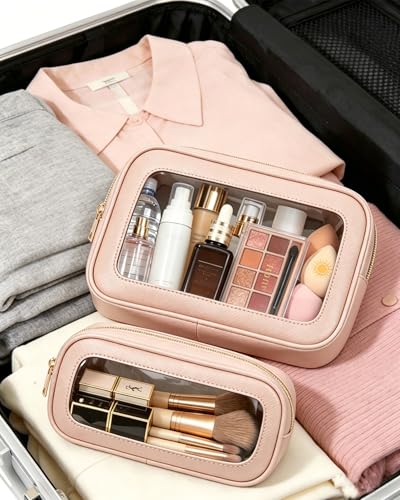 2Pcs Clear Makeup Bags Set - Portable Clear Cosmetic Bag Case Travel Makeup Brush Bag Waterproof Makeup Pouch TSA Approved Toiletry Bag Car Organizer Bag for Women (Dusty Pink Set) - color: Dusty Pink Set
