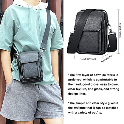 Augus Leather Small Messenger Bag For Men Crossbody Handbag Shoulder Sling Travel Bags for Men Purse Daypack Magnetic Buckle - color: Black