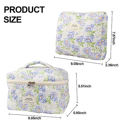 NATINSA Cute Makeup Bag for Women(2 Pcs), Travel Cosmetic Bags, Quilted Coquette Aesthetic Floral Toiletry Organizer Bag (Blue Flower) - color: Blue Flower