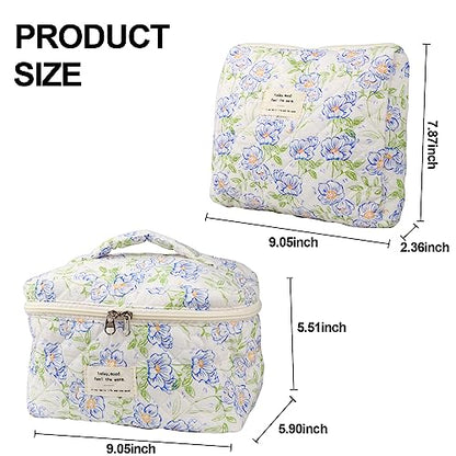 NATINSA Cute Makeup Bag for Women(2 Pcs), Travel Cosmetic Bags, Quilted Coquette Aesthetic Floral Toiletry Organizer Bag (Blue Flower) - color: Blue Flower
