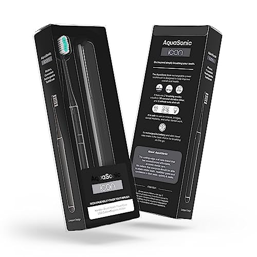 Aquasonic Icon ADA-Accepted Rechargeable Toothbrush | Magnetic Holder & Slim Travel Case | 2 Brushing Modes & Smart Timers | Gentle Micro-Vibrations(Onyx) - color: Onyx