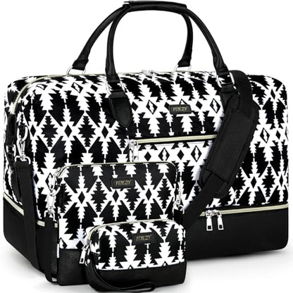 ITIEZY Weekender Overnight Bag for Women - Large Travel Duffel Bag with Shoe Compartment, Gym Duffel Bag Hospital Bag Carry On Tote Bags for Airplanes with Crossbody Bag Toiletry Bag 3Pcs Set - color: 8b-Black