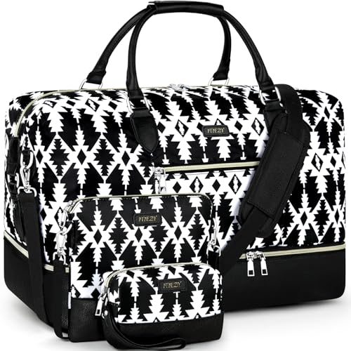 ITIEZY Weekender Overnight Bag for Women - Large Travel Duffel Bag with Shoe Compartment, Gym Duffel Bag Hospital Bag Carry On Tote Bags for Airplanes with Crossbody Bag Toiletry Bag 3Pcs Set - color: 8b-Black