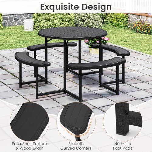 Tangkula 8 Person Picnic Table, HDPE Outdoor Round Table and Bench Set with 4 Built-in Benches, Umbrella Hole, Metal Frame for Garden Yard Patio Lawn - color: Black