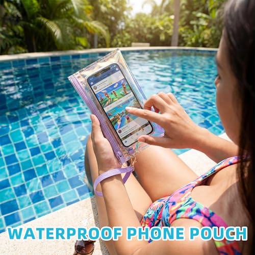 Hsei 6 Pcs Clear Iridescent Beach Bag with Phone Pouch for Women Beach Travel Large Waterproof Tote Bags for Vacation Picnic - color: Iridescent Purple