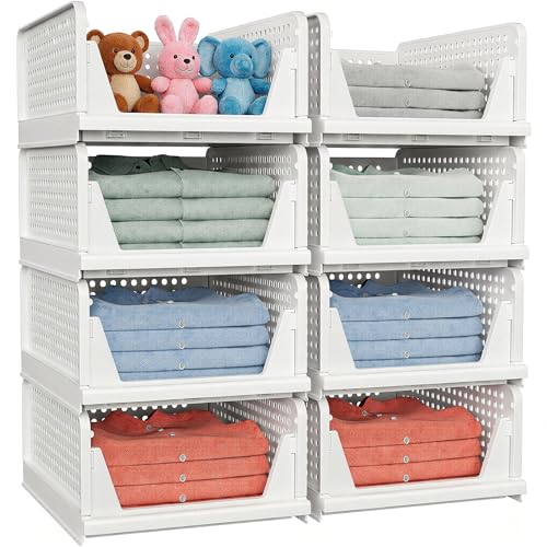 8 Pack Stackable Closet Storage Basket - Stackable Storage Bins, Multifunctional & Foldable Closet Organizer Waterproof, Wardrobe Cupboard Space-Saving Hat Storage Drawer Organizer, White - size: 8 Pack White